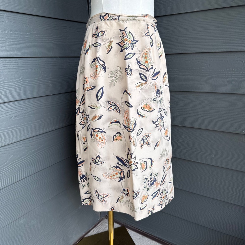 MIXIT 100% Silk Floral Paisley A-Line Midi Skirt Beige Women's‎ Small